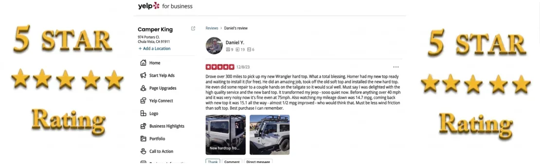 Five-star rated Camper King Jeep Wrangler hard top
